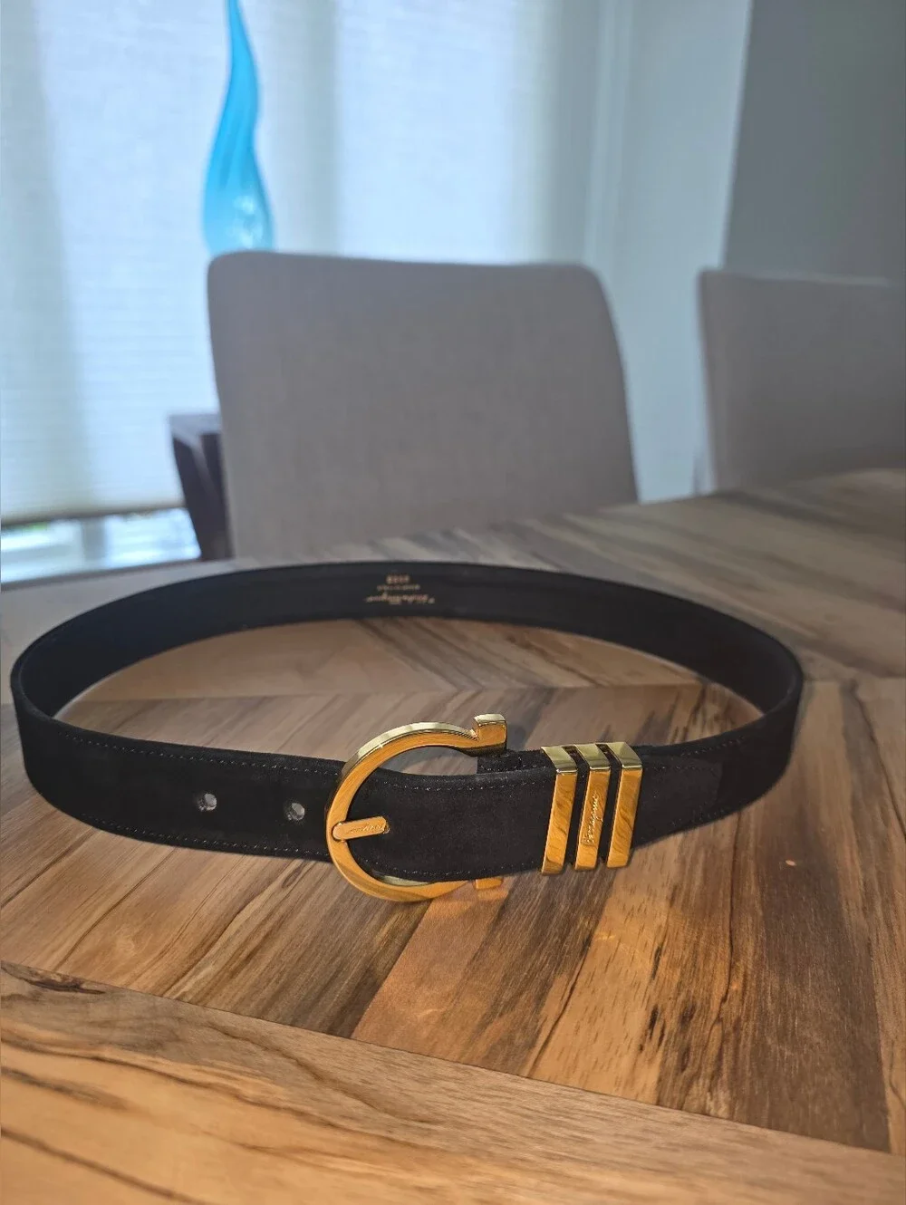 PRISTINE Ferragamo Black Suede Belt Gold Buckle XS - Small Waist 27